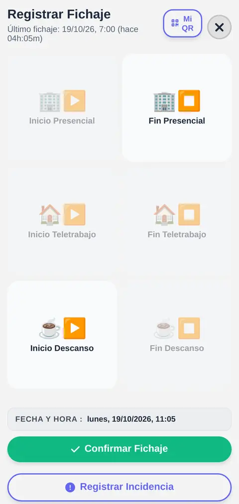 Pantalla de fichaje en el móvil: entrada, salida, teletrabajo y descansos